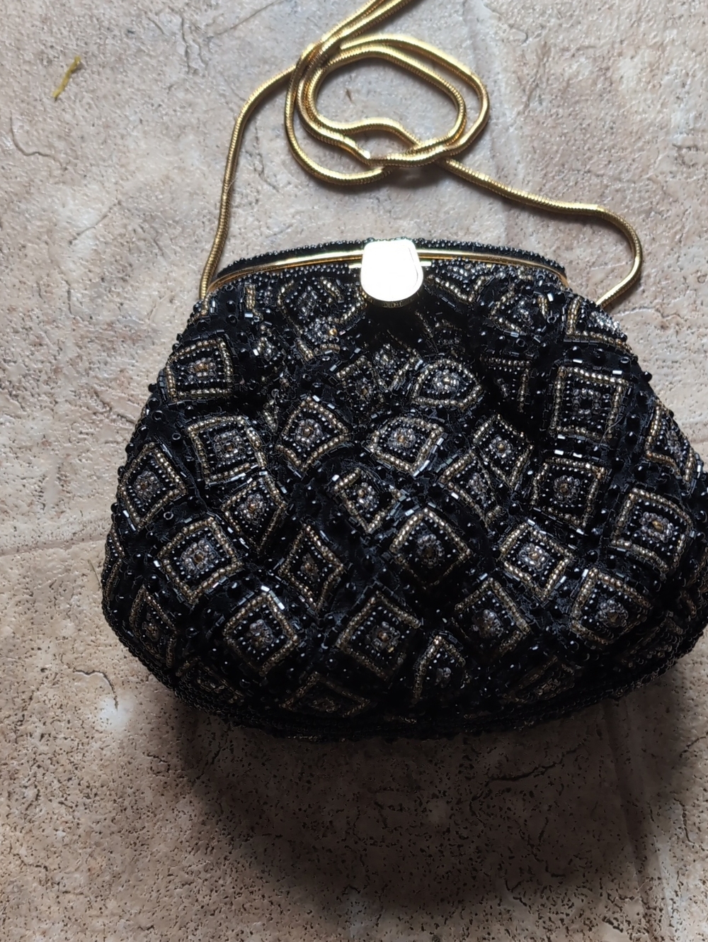Black Beaded Evening Crossbody Bag with Gold Chain
